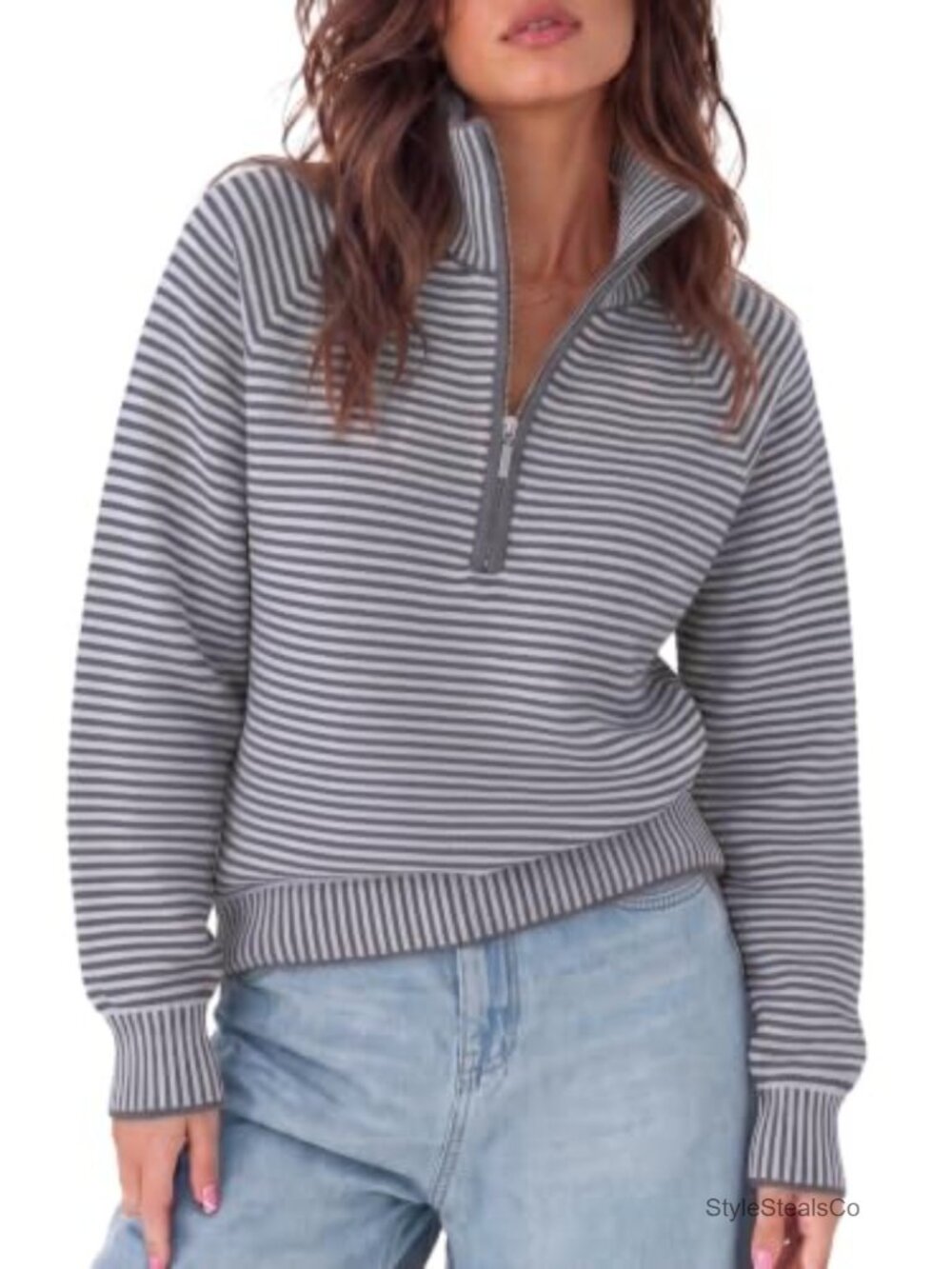Womens Quarter Zip Oversized Knit Pullover Sweater Stand Collar Long Sleeve
